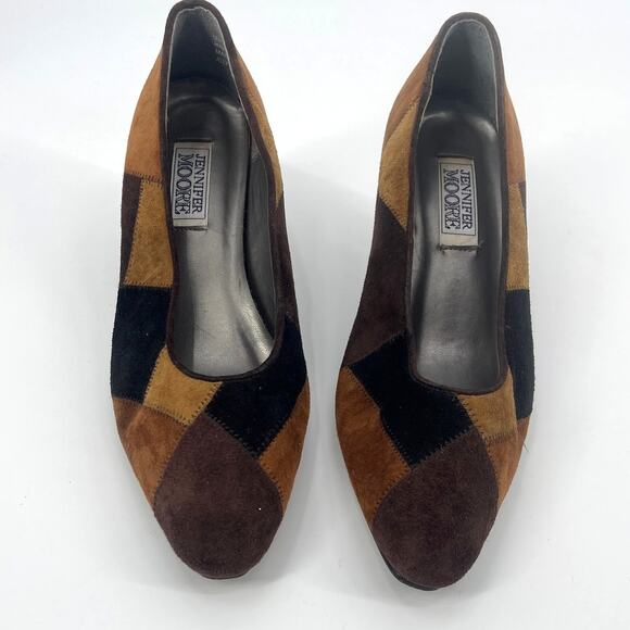 Vintage 90s Jennifer Moore Patchwork Suede Pumps Women Shoes 8.5N Brown Heritage - Picture 2 of 9
